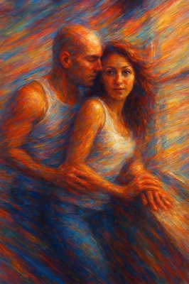 a painting of a man and a woman hugging