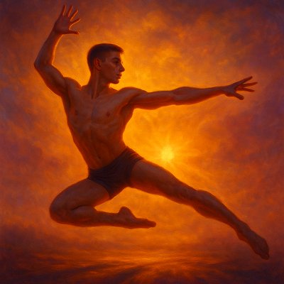 a painting of a man leaping in the air