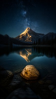 a tranquil mountain lake beneath a starry night sky, no people, no text