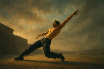 a shirtless man is dancing in the middle of the street