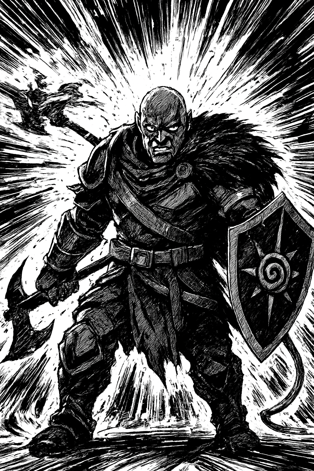 a black and white drawing of a man with a sword