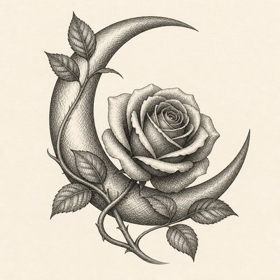 a rose entwined with a crescent moon, clean balanced composition on a plain background, no text