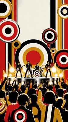 a live music scene with a glowing stage and silhouetted crowd, energetic vertical composition with open space at the top, no text