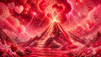 an erupting volcano with lightning strikes, dramatic wide composition, no text