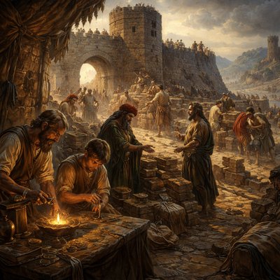 Express without words “After him repaired Malchiah the goldsmith's son unto the place of the Nethinims, and of the merchants, over against the gate Miphkad, and to the going up of the corner. And between the going up of the corner unto the sheep gate repaired the goldsmiths and the merchants.” (Nehemiah 3:31-32, KJV)
