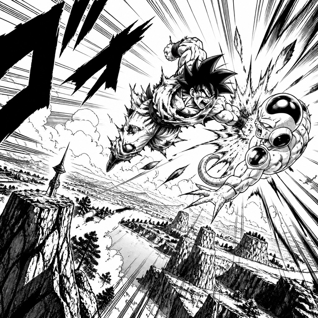 wide landscape with natural scenery — Shonen Battle Manga Art Style