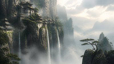a cliffside city with waterfalls cascading into a misty canyon, wide establishing shot, no people, no text
