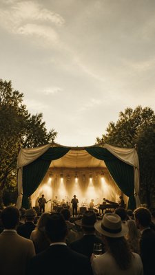 a live music scene with a glowing stage and silhouetted crowd, energetic vertical composition with open space at the top, no text