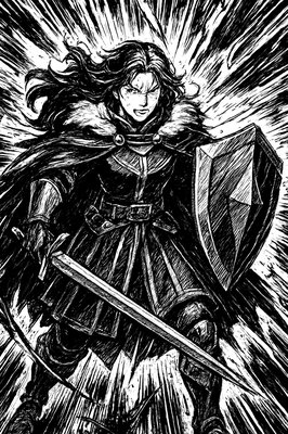 a black and white drawing of a woman with a sword
