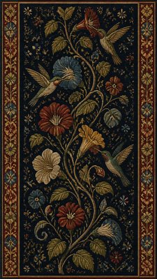 a climbing vine of flowers and hummingbirds on a dark background, tall wrapping composition, no text