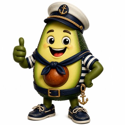 a happy avocado character giving a thumbs up, bold readable design on a plain background, no text