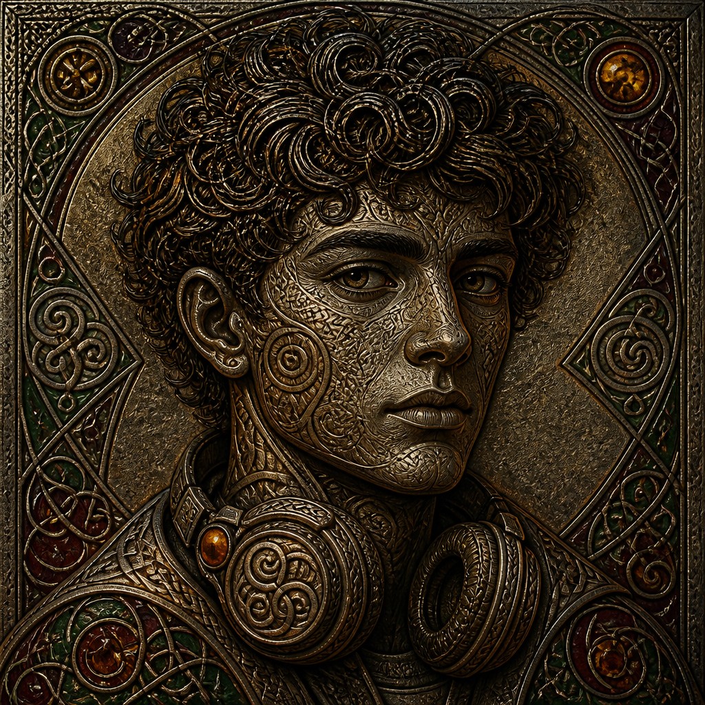 head-and-shoulders portrait of an original character: a young man with curly dark hair and headphones around his neck, plain backdrop, no text