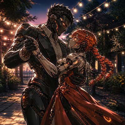 an original couple dancing under string lights in a garden at dusk: a man with short black hair in a linen shirt and a woman with braided red hair in a summer dress