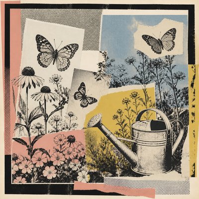 a garden scene with butterflies, flowers and a watering can, clean uncolored line art, no text