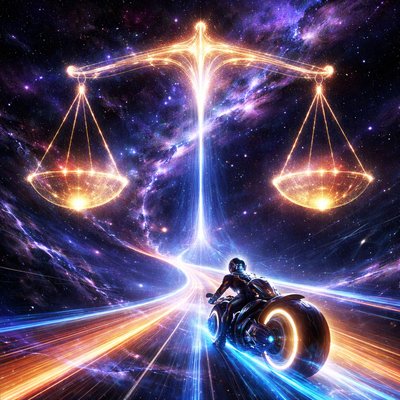 Neon-Futurism Digital Art Style, Bioluminescent Sci-Fi Cosmic Setting. A sleek, futuristic scene set deep in the interstellar void, with absolutely no Earth terrain, asphalt, or atmosphere visible. The Path (The Ecliptic): The "road" is a floating, translucent highway constructed entirely of glowing blue and orange laser grids and condensed stardust, arcing through infinite dark space. The Rider: A lone rider on a futuristic, hubless "light-cycle" sportbike speeds along this cosmic path. The rider is fully encased in a sleek, glowing armored suit with an integrated full-face helmet, leaving a vibrant neon light trail behind them. The Constellation (Abstract Libra Scales as Archway): Dominating the cosmic background and towering directly overhead is the immense celestial symbol of Libra: a pair of perfectly balanced, monumental golden scales made of glowing stars, luminous energy threads, and shimmering stardust. The scales' beam forms a grand, arched gateway structure high above, with the two pans hanging symmetrically on either side like massive portals or wings of equilibrium. The floating cosmic highway arcs directly under this uplifted arched scale structure, so the rider speeds beneath the balanced beam and between the hanging pans as if passing through the gateway of harmony and justice. No humanoid figure is present—only the majestic, abstract scales as the central cosmic emblem, radiating soft silver, deep indigo, and golden light against the nebula-filled void. The rider approaches and passes under the archway calmly and serenely.

