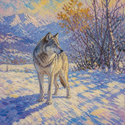 a lone wolf standing in a snowy clearing