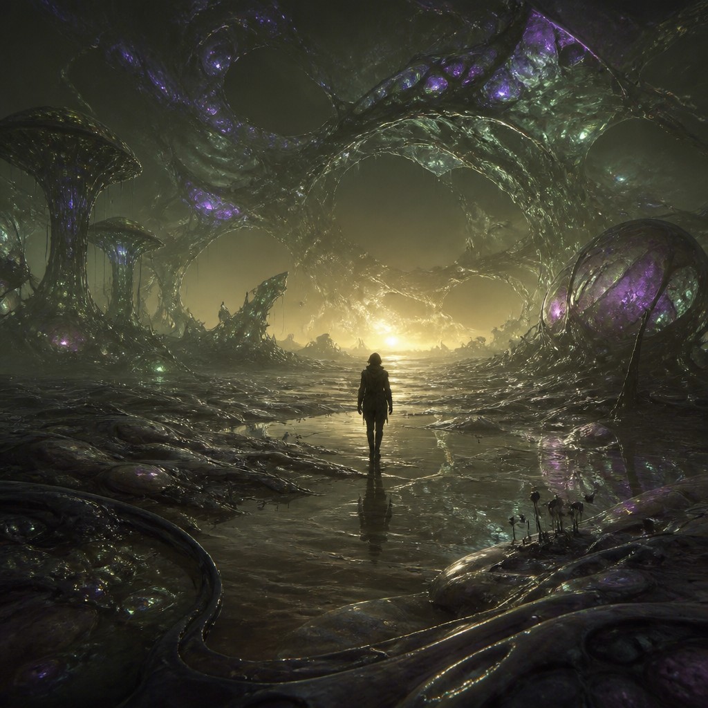a solitary figure walking toward a glowing horizon across an empty plain, moody atmosphere, no text or lettering