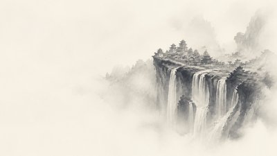a cliffside city with waterfalls cascading into a misty canyon, wide establishing shot, no people, no text