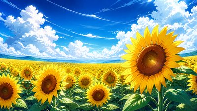 an endless field of sunflowers under summer clouds, no people