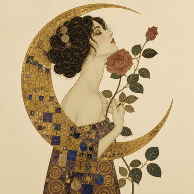 a rose entwined with a crescent moon, clean balanced composition on a plain background, no text