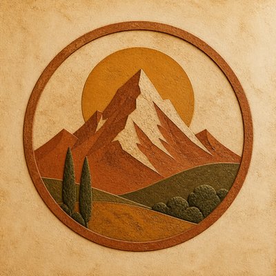 an emblem of a mountain peak inside a circle, simple bold shapes on a plain background, no text or lettering