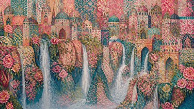 a cliffside city with waterfalls cascading into a misty canyon, wide establishing shot, no people, no text