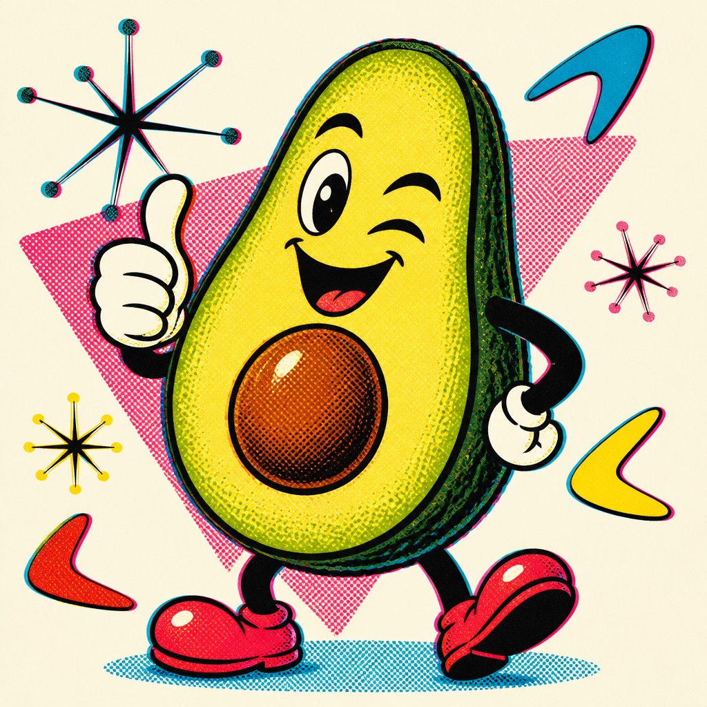 a happy avocado character giving a thumbs up, bold readable design on a plain background, no text