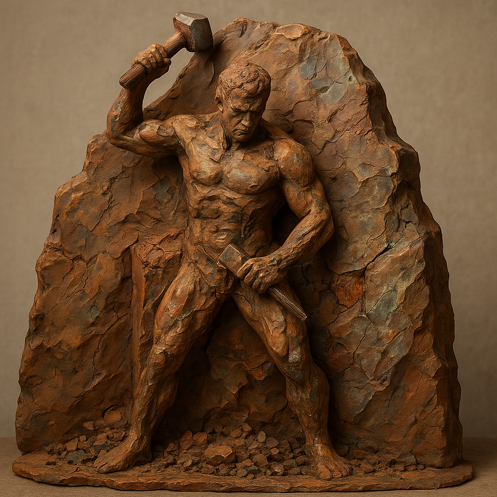 a bronze statue of a man holding a hammer