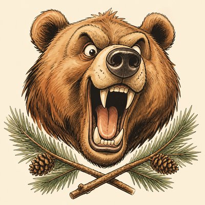 a roaring bear head above crossed pine branches, bold graphic composition on a plain background, no text