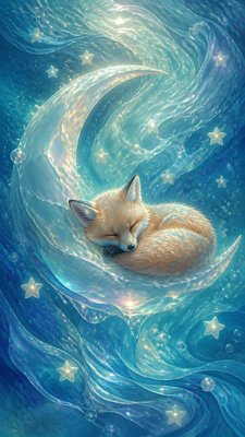 a sleeping baby fox curled on a crescent moon among soft stars, gentle and warm, no text