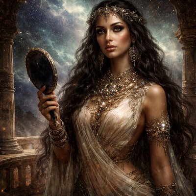 Style: Cinematic Fantasy Portrait, Ancient Near Eastern aesthetic with a mystical, ethereal overlay. The look should feel like a rediscovered fresco brought to life, rich in texture and deep color.

The Subject (Asonya): A woman of arresting, almost supernatural beauty belonging to a pre-flood civilization. She has a powerful, enigmatic presence. Her eyes are large, dark, and intensely knowing, rimmed heavily with kohl (antimony)—a cosmetic taught by the Watchers.

Attire & Adornment (The Forbidden Knowledge): She is dressed not just in fine linen, but in adornments that hint at celestial instruction.

    Jewelry: She wears elaborate, heavy bracelets and necklaces made of hammered metals that gleam with an unusual iridescence, set with uncut, glowing gems that seem almost alive.

    Headpiece: A complex circlet of woven silver and dark stones rests on her long, flowing dark hair, reflecting the starlight.

Action/Pose: She stands holding a polished obsidian mirror in one hand, gazing slightly off-camera with an expression that is both wise and burdened.

Setting: She is standing on the balcony of a megalithic stone structure meant to observe the heavens. The background is a dramatic night sky filled with unfamiliar constellations and perhaps a faint, ethereal glow of an aurora, hinting at the presence of celestial beings. The overall atmosphere is one of ancient mystery and profound beauty.
