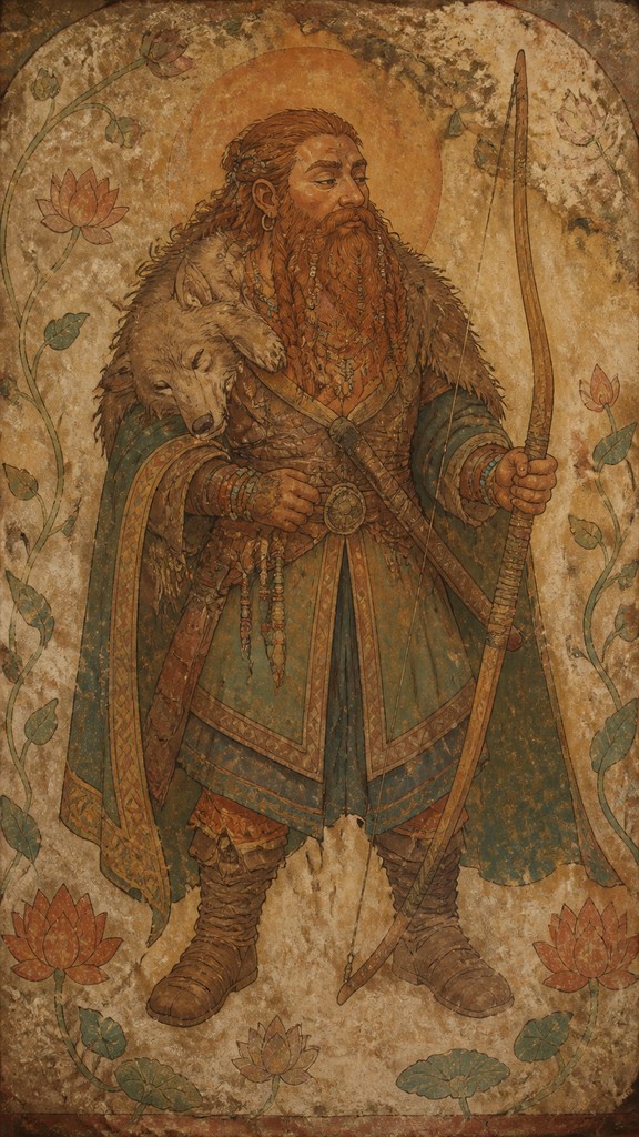 full-body original character: a dwarven ranger with a braided auburn beard, worn leather armor, a longbow and a wolf-pelt cloak, neutral background, no text