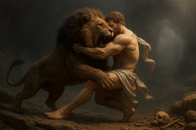 a painting of a man hugging a lion