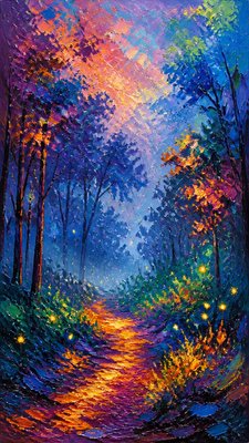 a mysterious forest path with fireflies and drifting mist, atmospheric vertical composition with open space at the top, no text