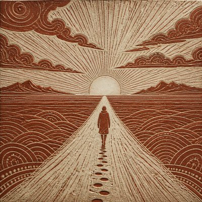 a solitary figure walking toward a glowing horizon across an empty plain, moody atmosphere, no text or lettering