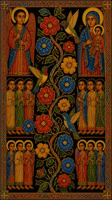 a climbing vine of flowers and hummingbirds on a dark background, tall wrapping composition, no text