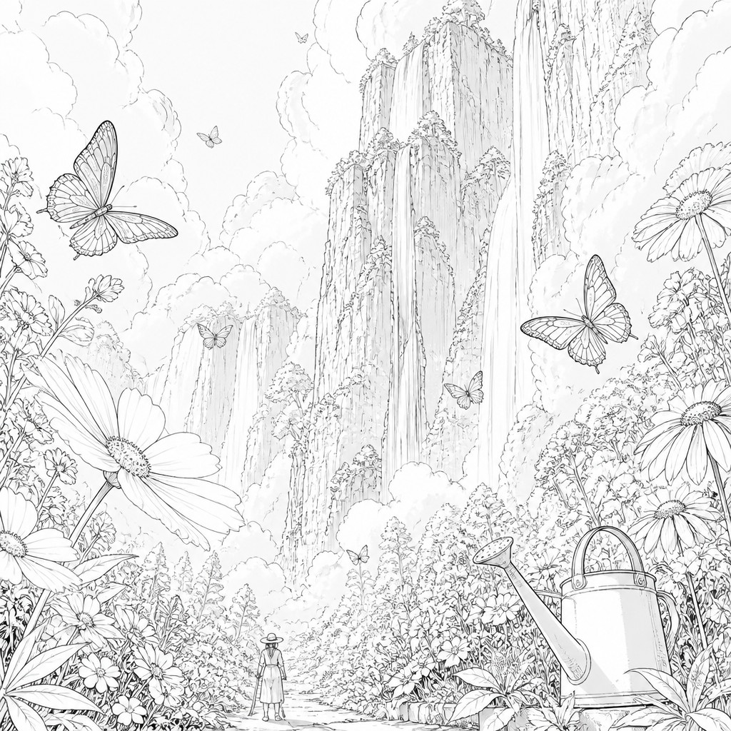 a garden scene with butterflies, flowers and a watering can, clean uncolored line art, no text