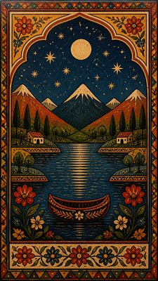 a tranquil mountain lake beneath a starry night sky, no people, no text