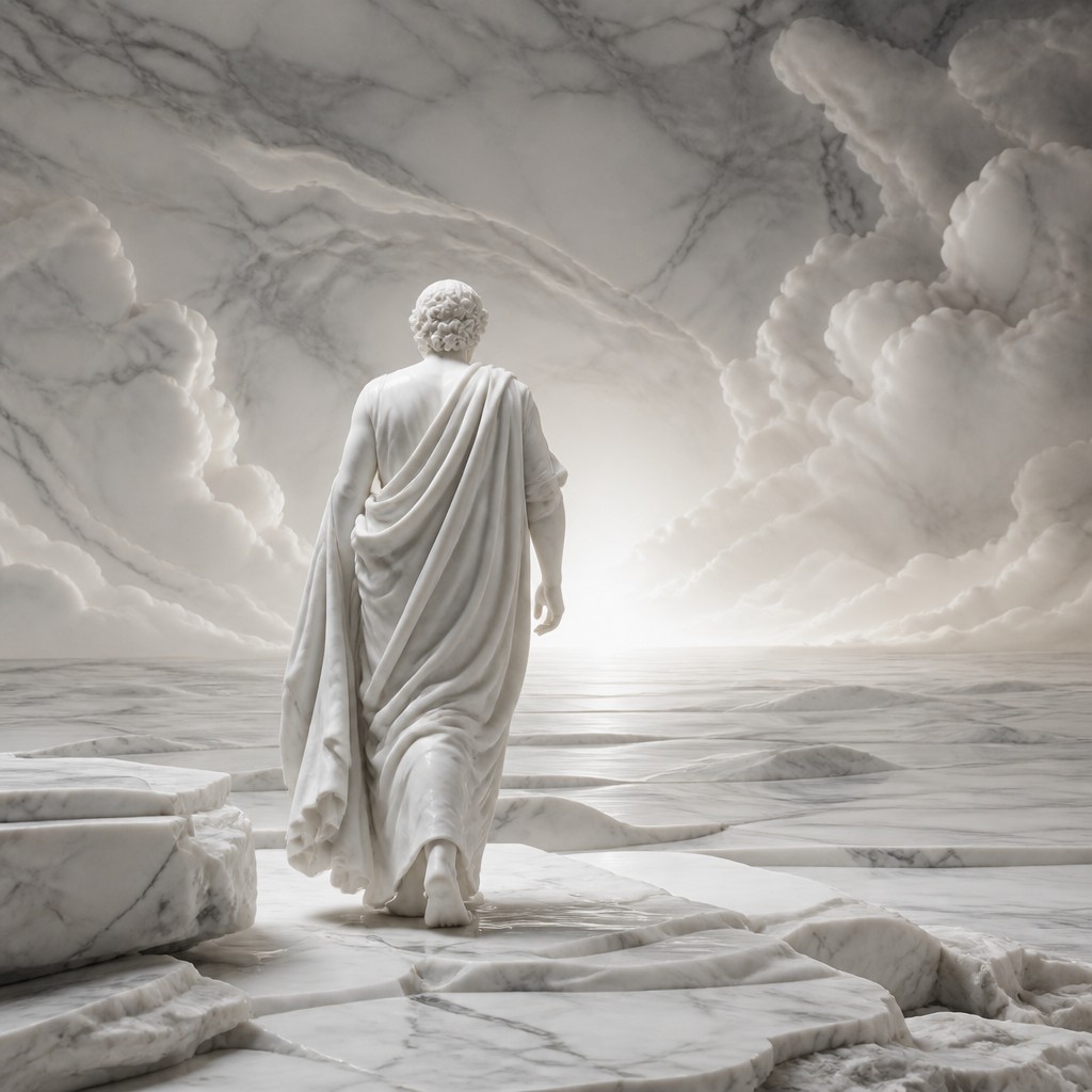 a solitary figure walking toward a glowing horizon across an empty plain, moody atmosphere, no text or lettering