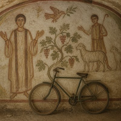 bicyle resting against a wall — Early Christian Art Style