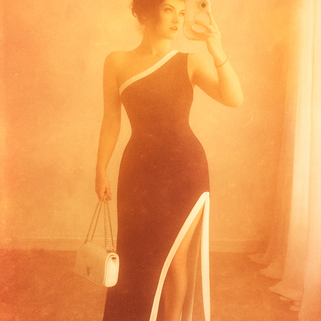 a woman in a black and white dress holding a camera