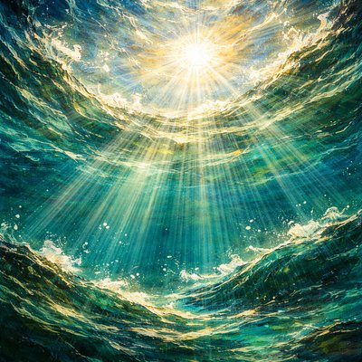 The reverberations of sound in many waters shining with glory. No humans. only waters and brilliant light are to be expressed. But this is to be viewed as looking up from under the water. The reverberations are above the viewer's perspective like Genesis 1:6-8
