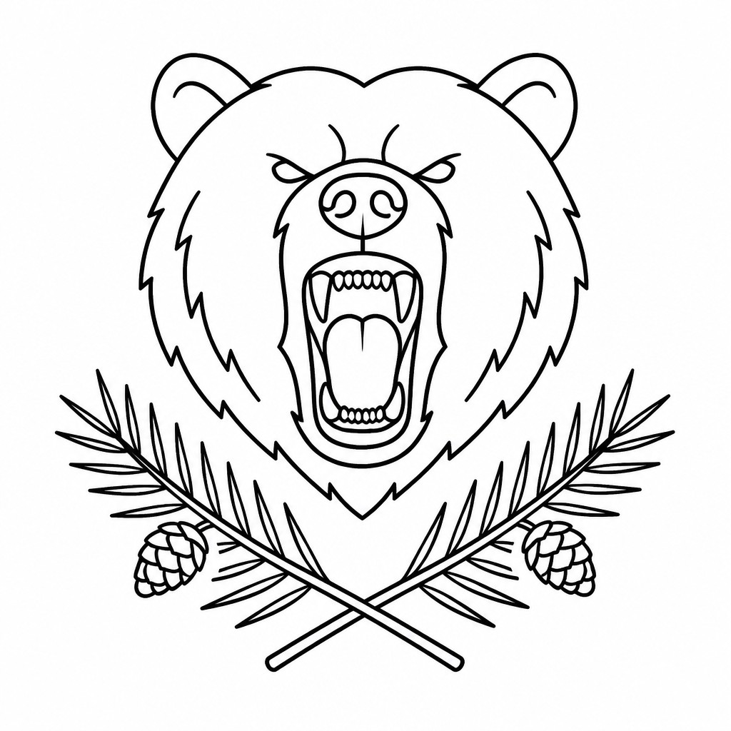 a roaring bear head above crossed pine branches, bold graphic composition on a plain background, no text