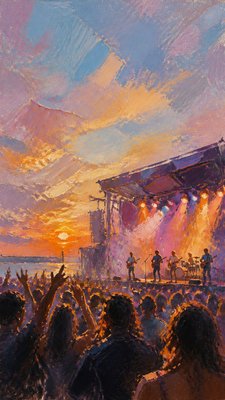 a live music scene with a glowing stage and silhouetted crowd, energetic vertical composition with open space at the top, no text