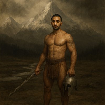 a painting of a man with a helmet and sword