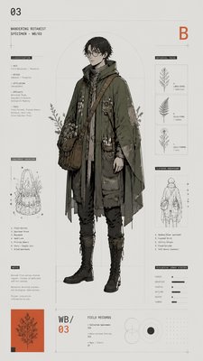 full-body original character: a wandering botanist with a satchel of plants, a patched green cloak, tall boots and round glasses, neutral background