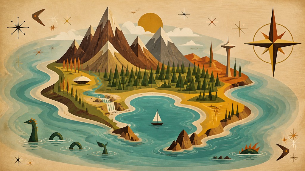 a map of an island realm with mountains, forests, a sheltered bay, sea monsters in the water and a compass rose, no text labels