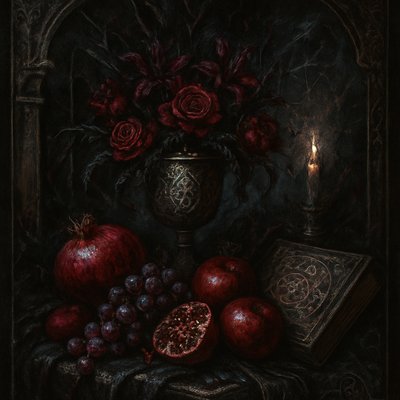 still life arrangement of fruits and flowers