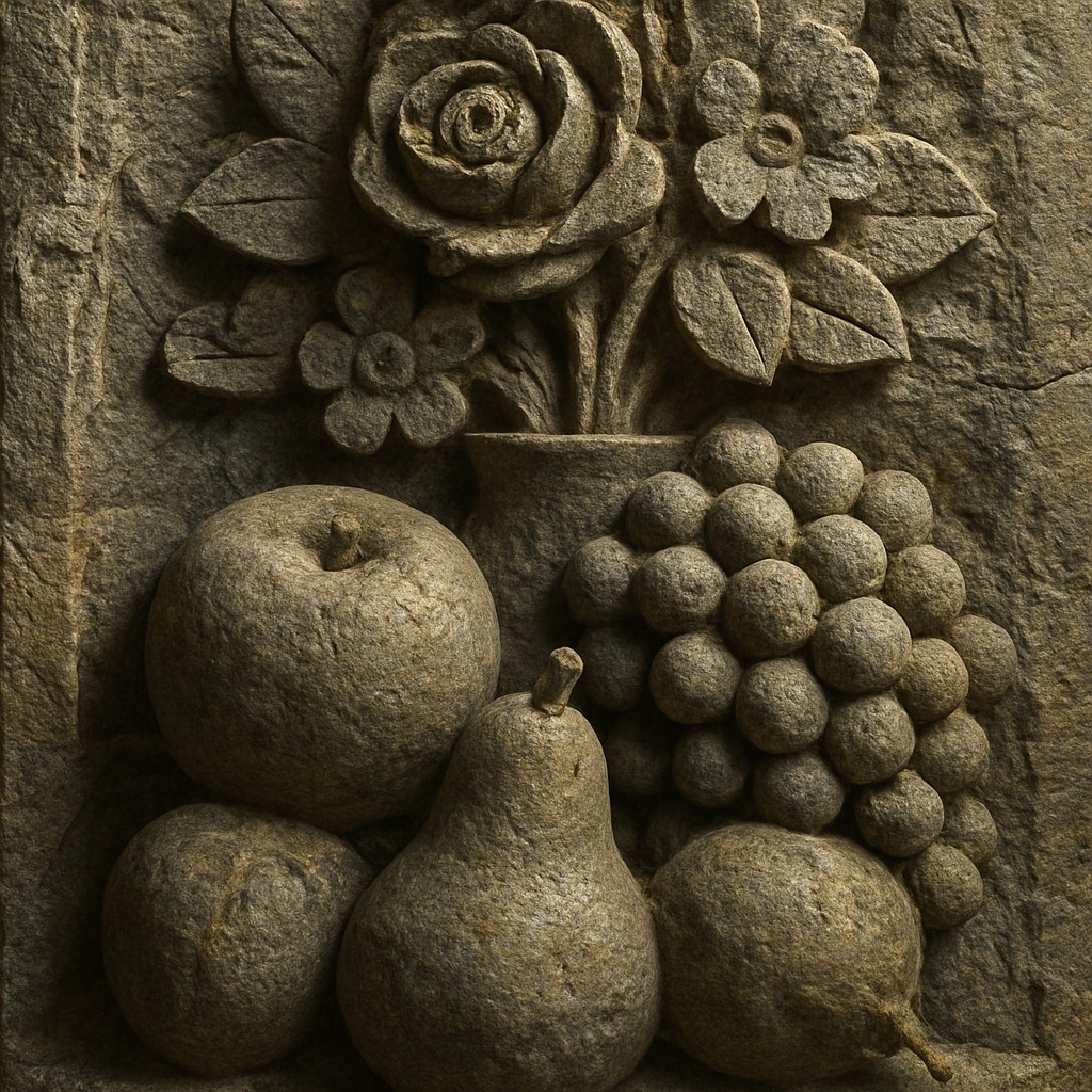 still life arrangement of fruits and flowers