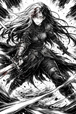a drawing of a woman with long hair and a sword